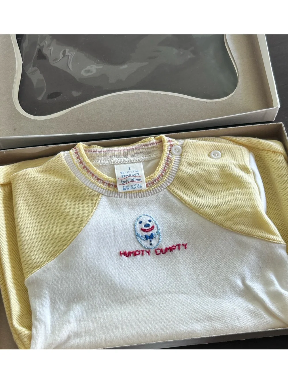 VTG Humpty Dumpty Baby Bodysuit White Pale Yellow 12 mo Penney’s Toddletime 70s
